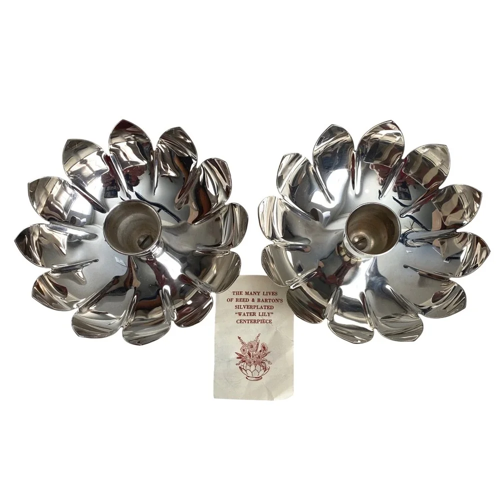 VTG MCM REED & BARTON Water Lily Lotus Flower Silverplate Candle Holder Set of 2